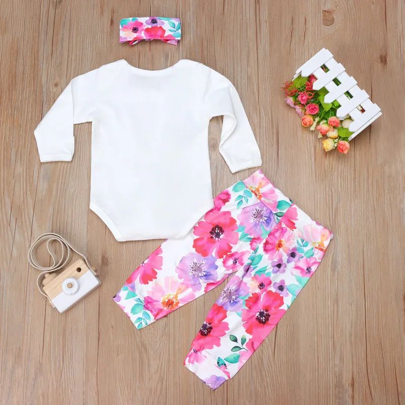 3PCS Baby Girl Daddy's Girl Mommy‘s World Letter Printed Romper with Full Floral Printed Pants Baby Set
