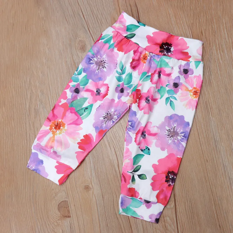 3PCS Baby Girl Daddy's Girl Mommy‘s World Letter Printed Romper with Full Floral Printed Pants Baby Set