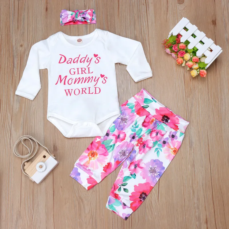 3PCS Baby Girl Daddy's Girl Mommy‘s World Letter Printed Romper with Full Floral Printed Pants Baby Set