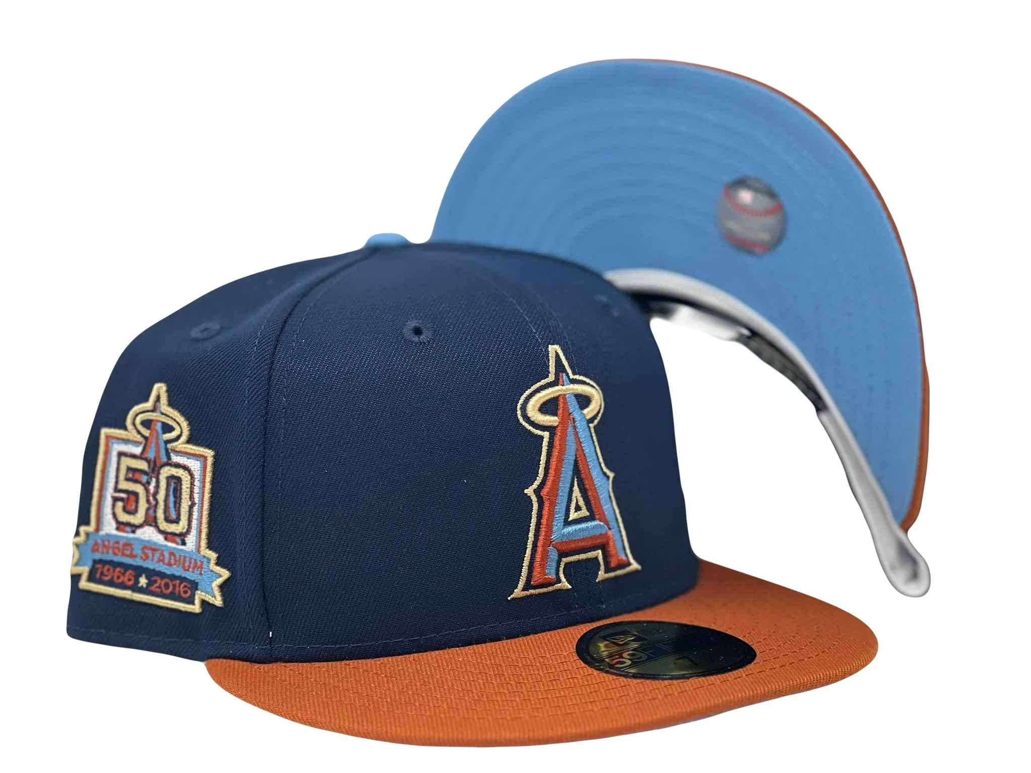 Anahiem Angels 50th Anniversary Navy Rust Orange Visor Sky Blue Brim New Era Fitted Hat