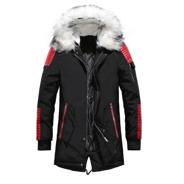 ATWELL Design Men's Sports Fashion Black & White Thick Winter Parka Fur Collar Hooded Coat Jacket