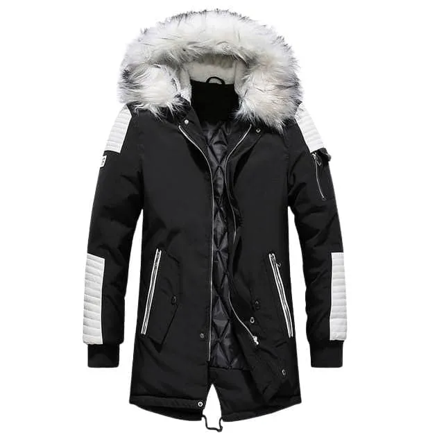 ATWELL Design Men's Sports Fashion Black & White Thick Winter Parka Fur Collar Hooded Coat Jacket