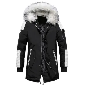 ATWELL Design Men's Sports Fashion Black & White Thick Winter Parka Fur Collar Hooded Coat Jacket