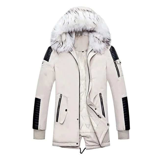 ATWELL Design Men's Sports Fashion Black & White Thick Winter Parka Fur Collar Hooded Coat Jacket