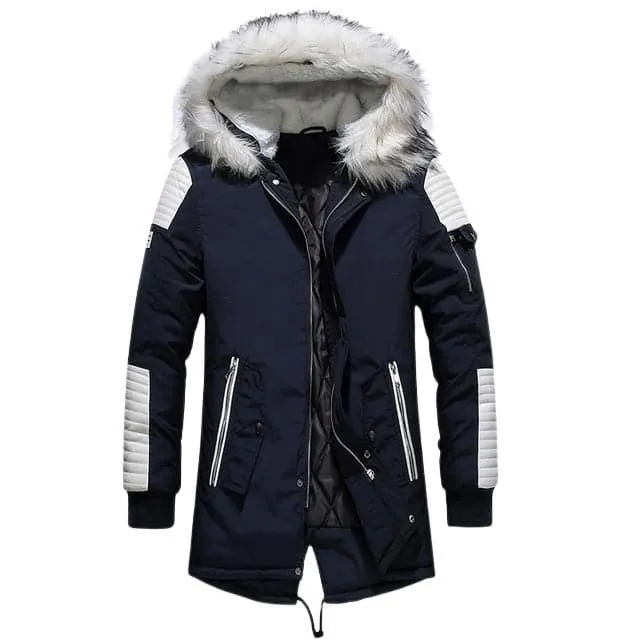 ATWELL Design Men's Sports Fashion Black & White Thick Winter Parka Fur Collar Hooded Coat Jacket