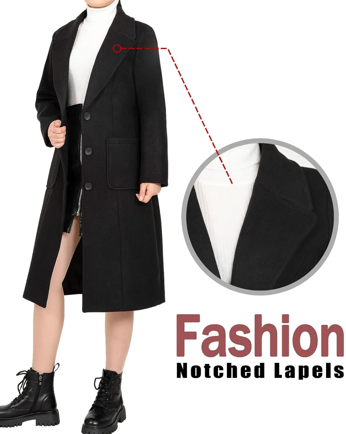 Bonnorth Women's Wool Blend Single Breasted Mid-Long Pea Coat Fall Winter Essential Notched Collar Overcoat
