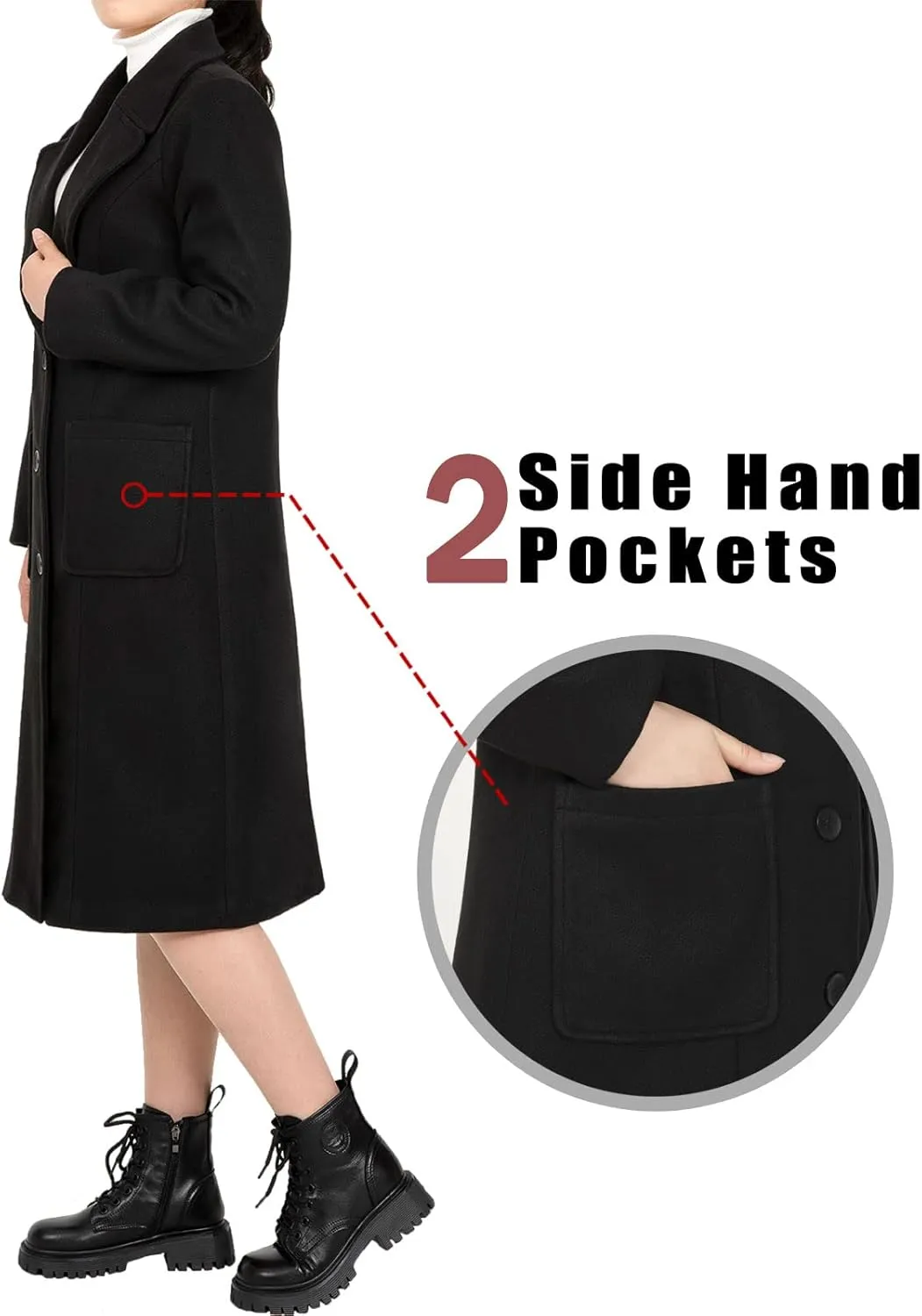 Bonnorth Women's Wool Blend Single Breasted Mid-Long Pea Coat Fall Winter Essential Notched Collar Overcoat