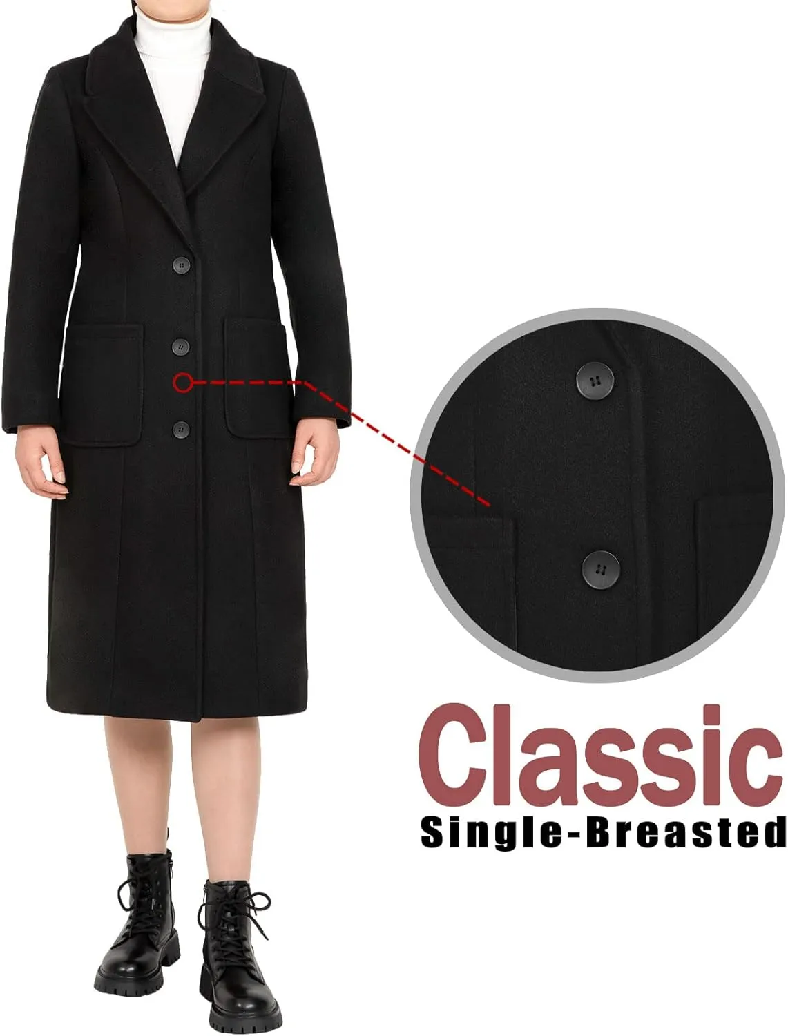 Bonnorth Women's Wool Blend Single Breasted Mid-Long Pea Coat Fall Winter Essential Notched Collar Overcoat