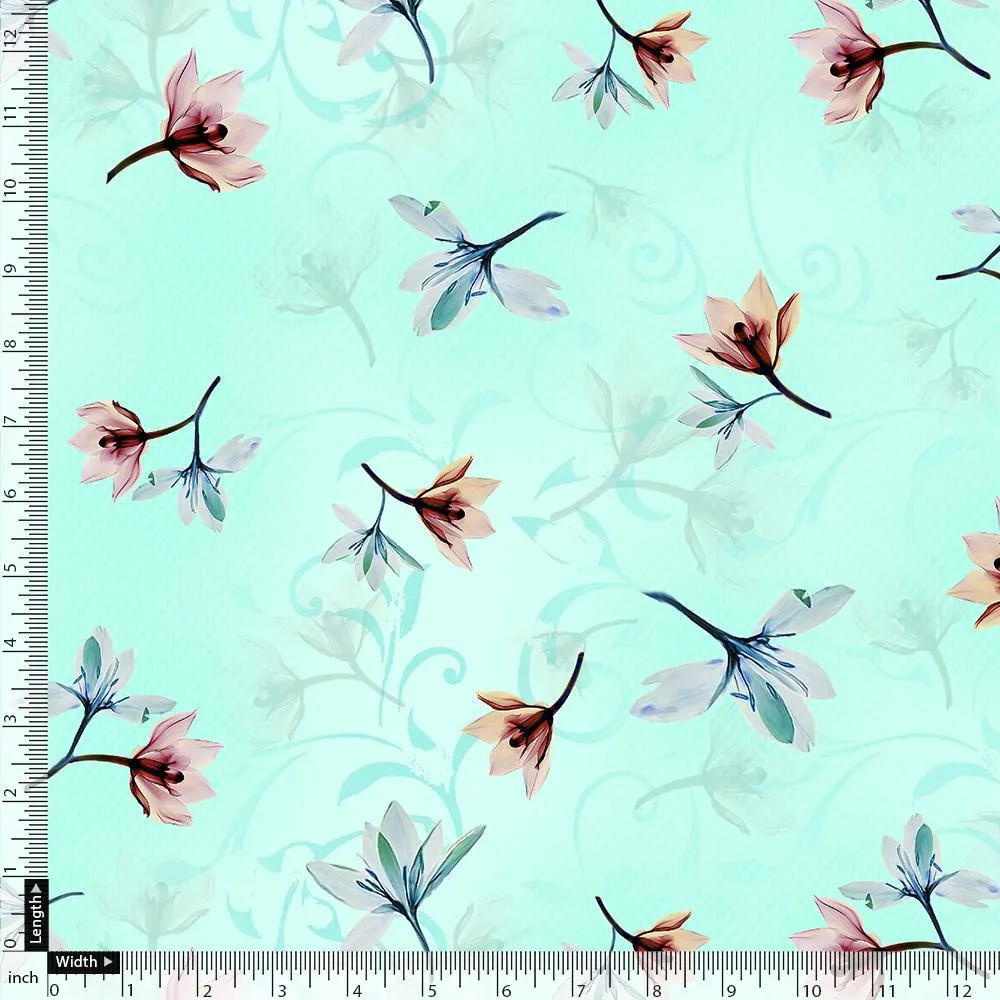 Brown Floating Flower On Rama Green Digital Printed Fabric  - Pure Georgette