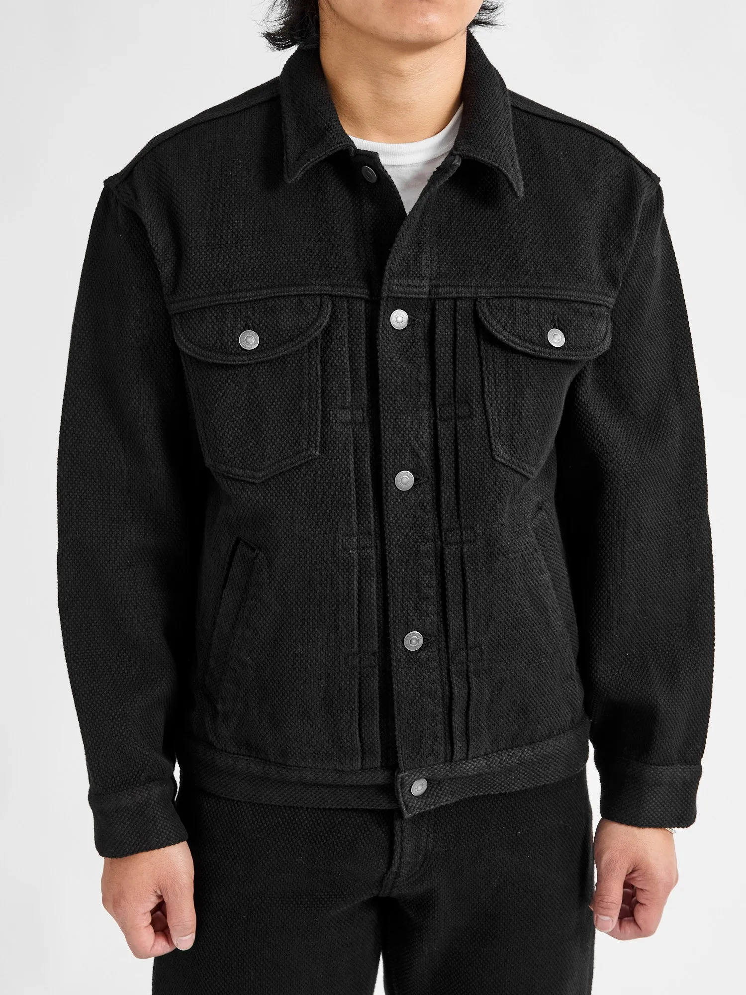 Double Cloth Sashiko Trucker Jacket in Black