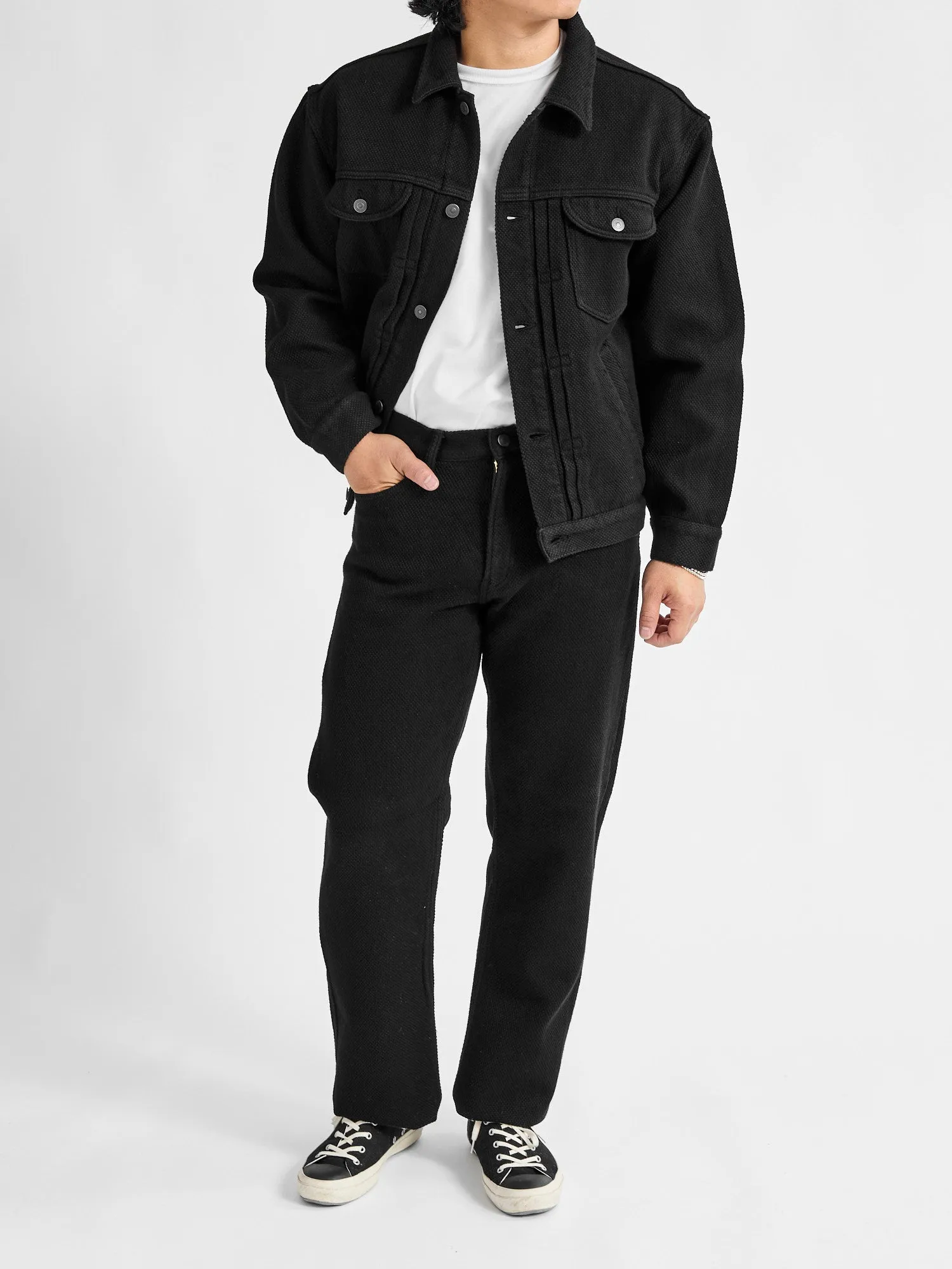 Double Cloth Sashiko Trucker Jacket in Black