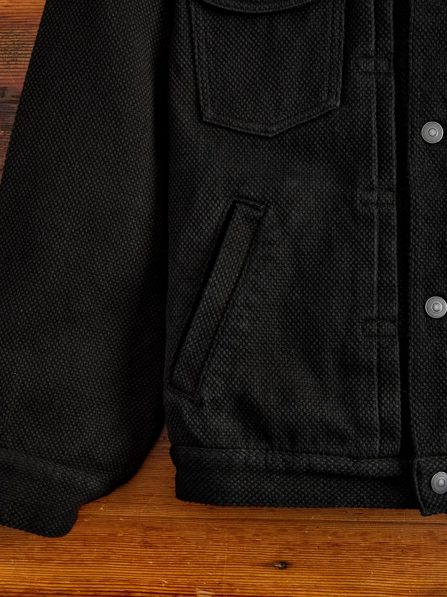 Double Cloth Sashiko Trucker Jacket in Black