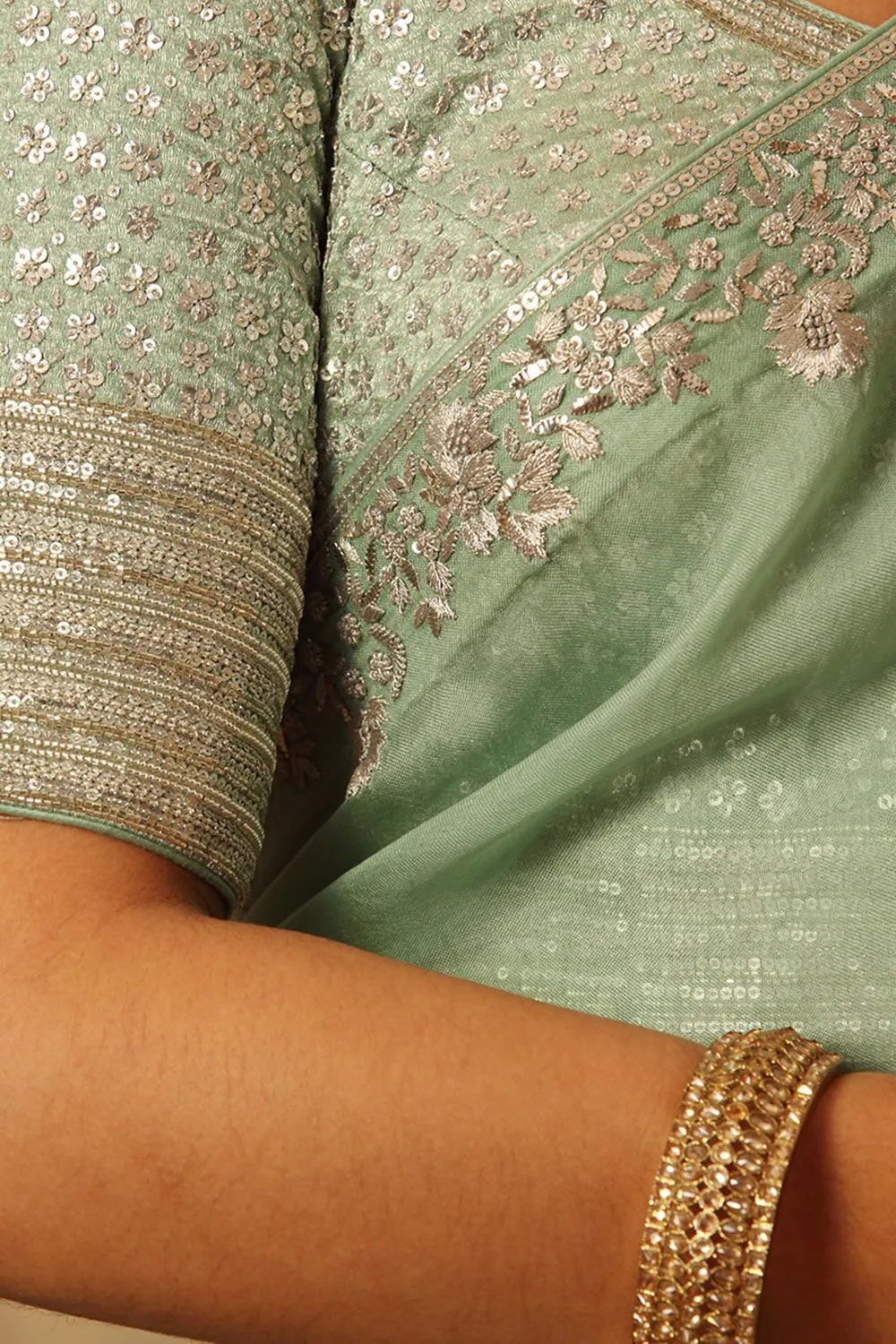 Embroidered Fern Green Pure Silk Organza Saree Set