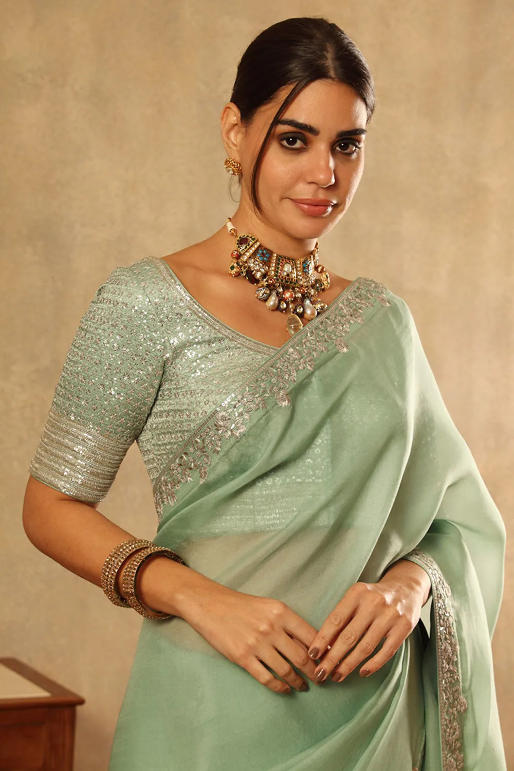 Embroidered Fern Green Pure Silk Organza Saree Set