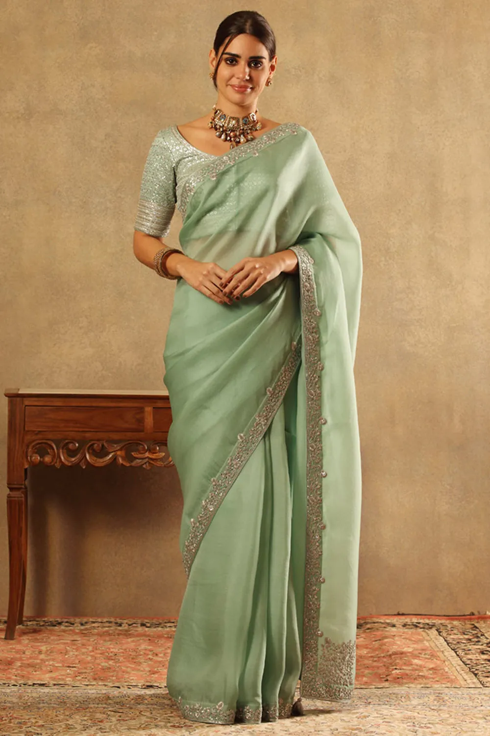 Embroidered Fern Green Pure Silk Organza Saree Set
