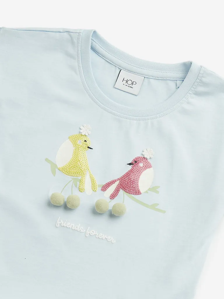 HOP Kids Light Blue Bird Printed Cotton Top