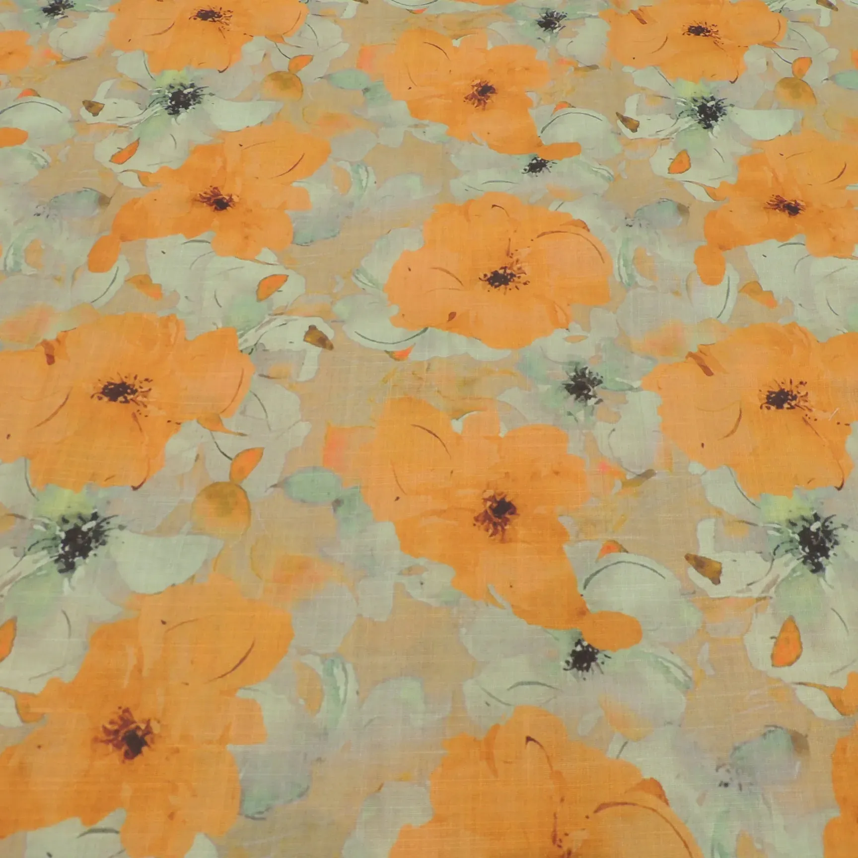 Ivory Floral Digital Print On Cotton Linen Fabric