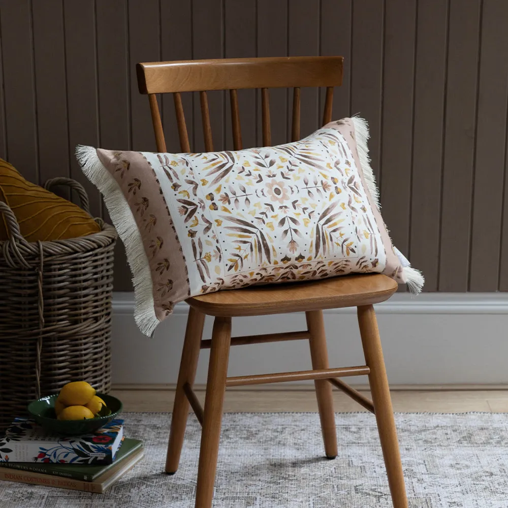 Kari Printed Ruche Fringe Cushion Stone