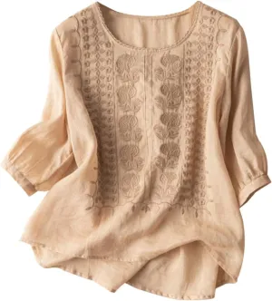 Ladies Fashion Leisure Spring Summer Literary Retro Loose Design Sense Embroidery Round Neck Thin Mesh Shirt Long