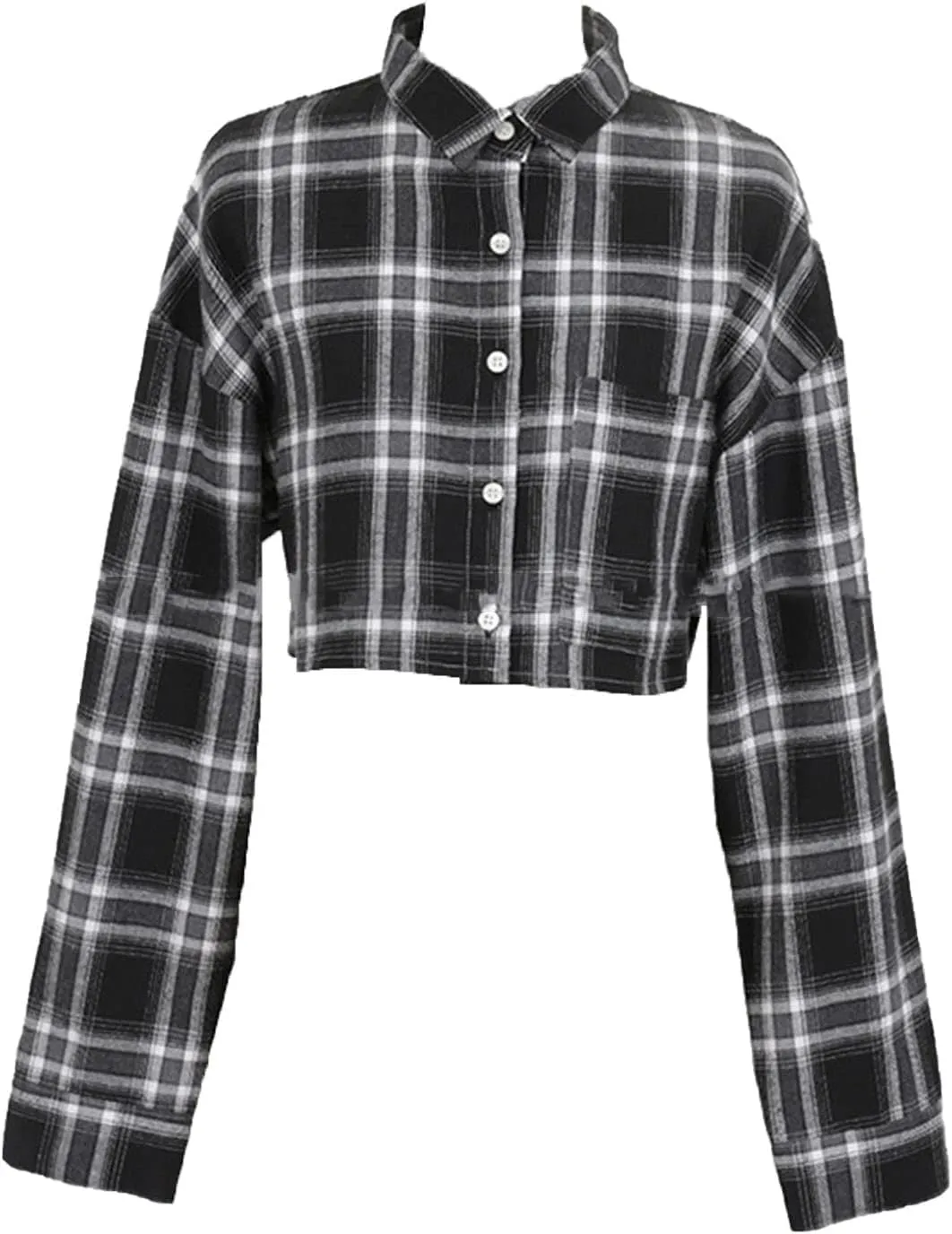 Ladies Plaid Long Sleeve Retro Crop Shirt Casual Button Down Blouses Crop Top Checked Fashion Crop Shirts