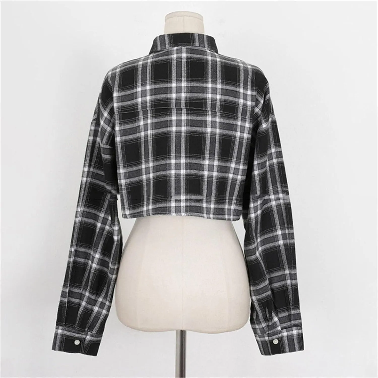 Ladies Plaid Long Sleeve Retro Crop Shirt Casual Button Down Blouses Crop Top Checked Fashion Crop Shirts