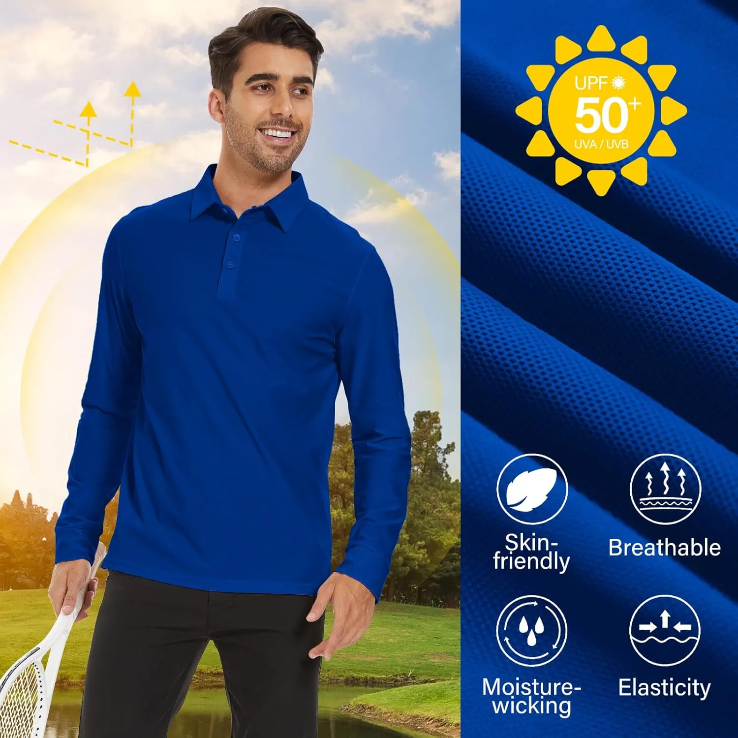 M MOTEEPI Polo for Men Long Sleeve Sun Protection Golf Shirts with Collar UPF 50  Performance Collared Fall Shirts Tennis