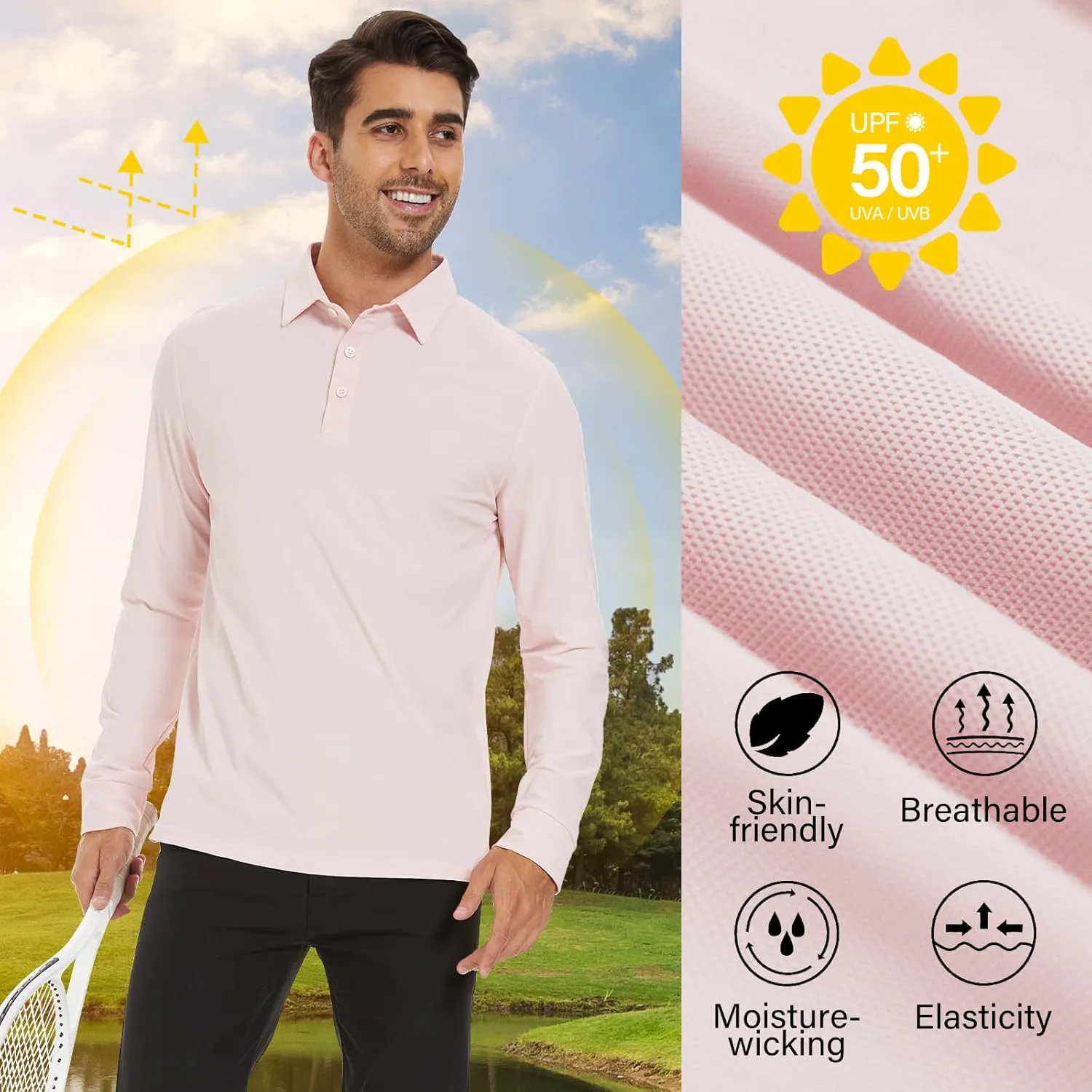M MOTEEPI Polo for Men Long Sleeve Sun Protection Golf Shirts with Collar UPF 50  Performance Collared Fall Shirts Tennis