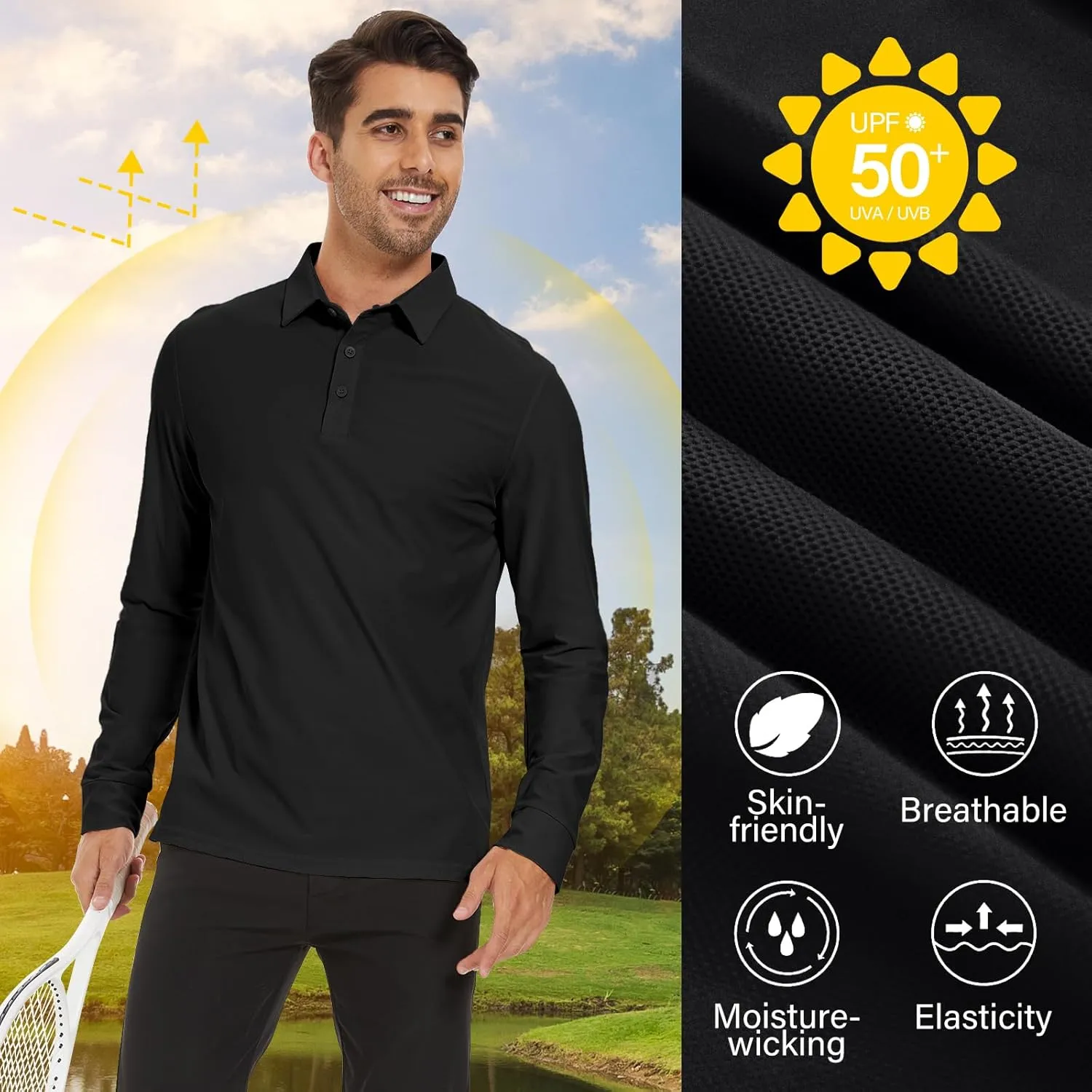 M MOTEEPI Polo for Men Long Sleeve Sun Protection Golf Shirts with Collar UPF 50  Performance Collared Fall Shirts Tennis