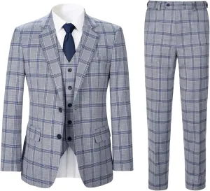 Men's 3 Pieces Slim Fit Plaid Suits Wedding Party Checked Tuxedo Blazer Jacket Vest Pants Suit Set