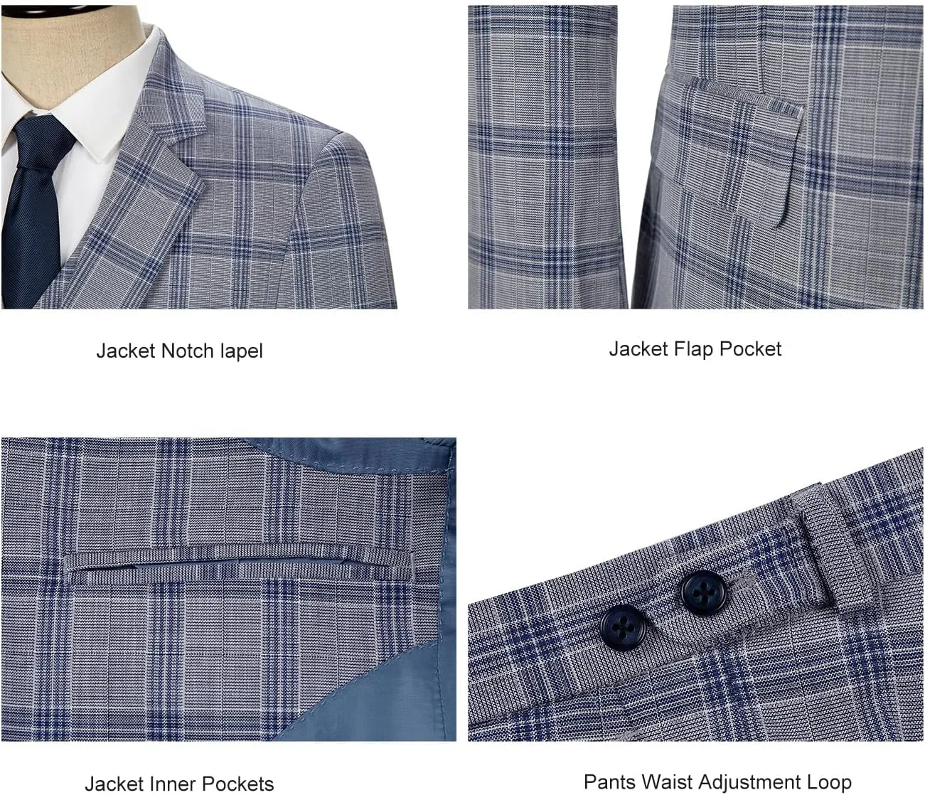 Men's 3 Pieces Slim Fit Plaid Suits Wedding Party Checked Tuxedo Blazer Jacket Vest Pants Suit Set