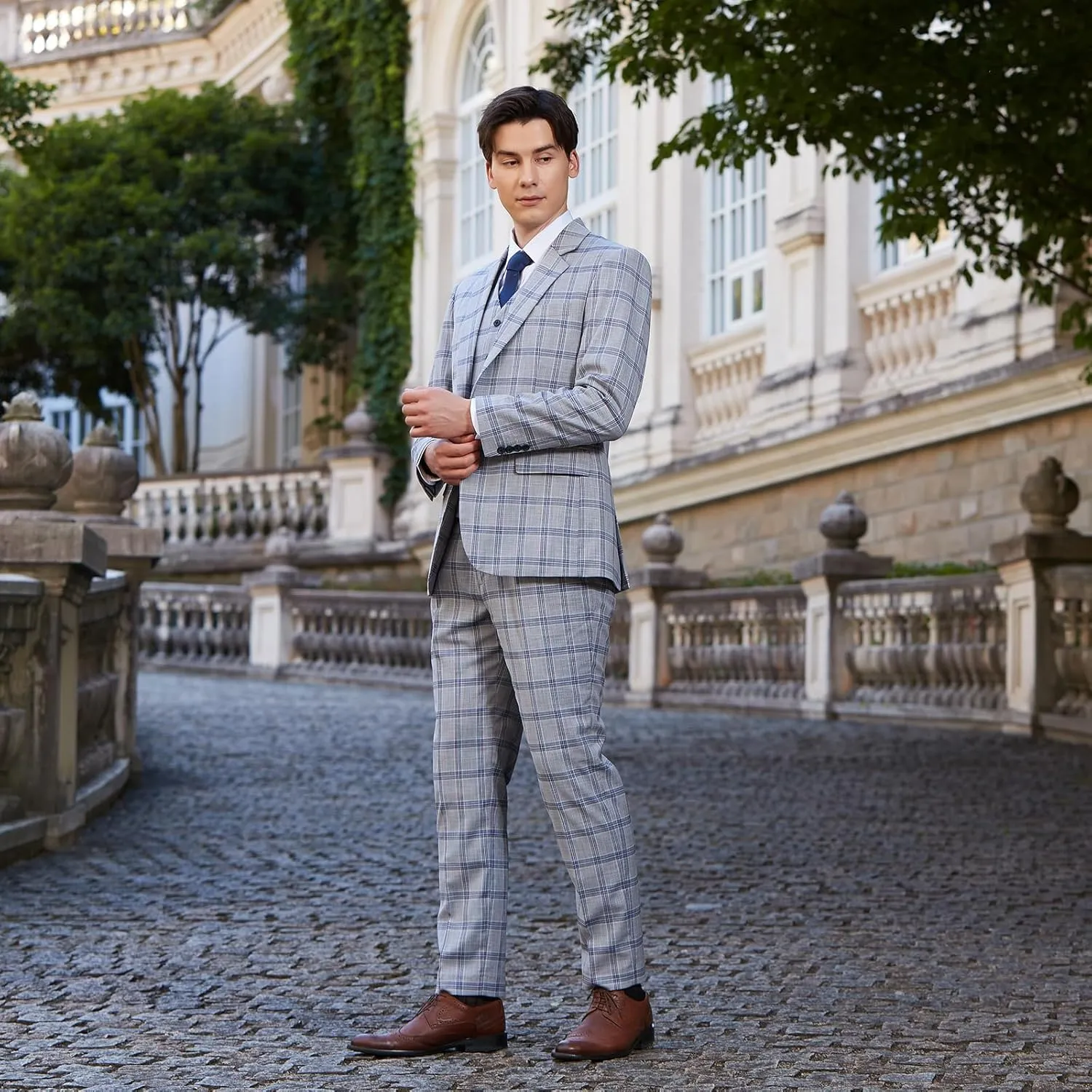 Men's 3 Pieces Slim Fit Plaid Suits Wedding Party Checked Tuxedo Blazer Jacket Vest Pants Suit Set