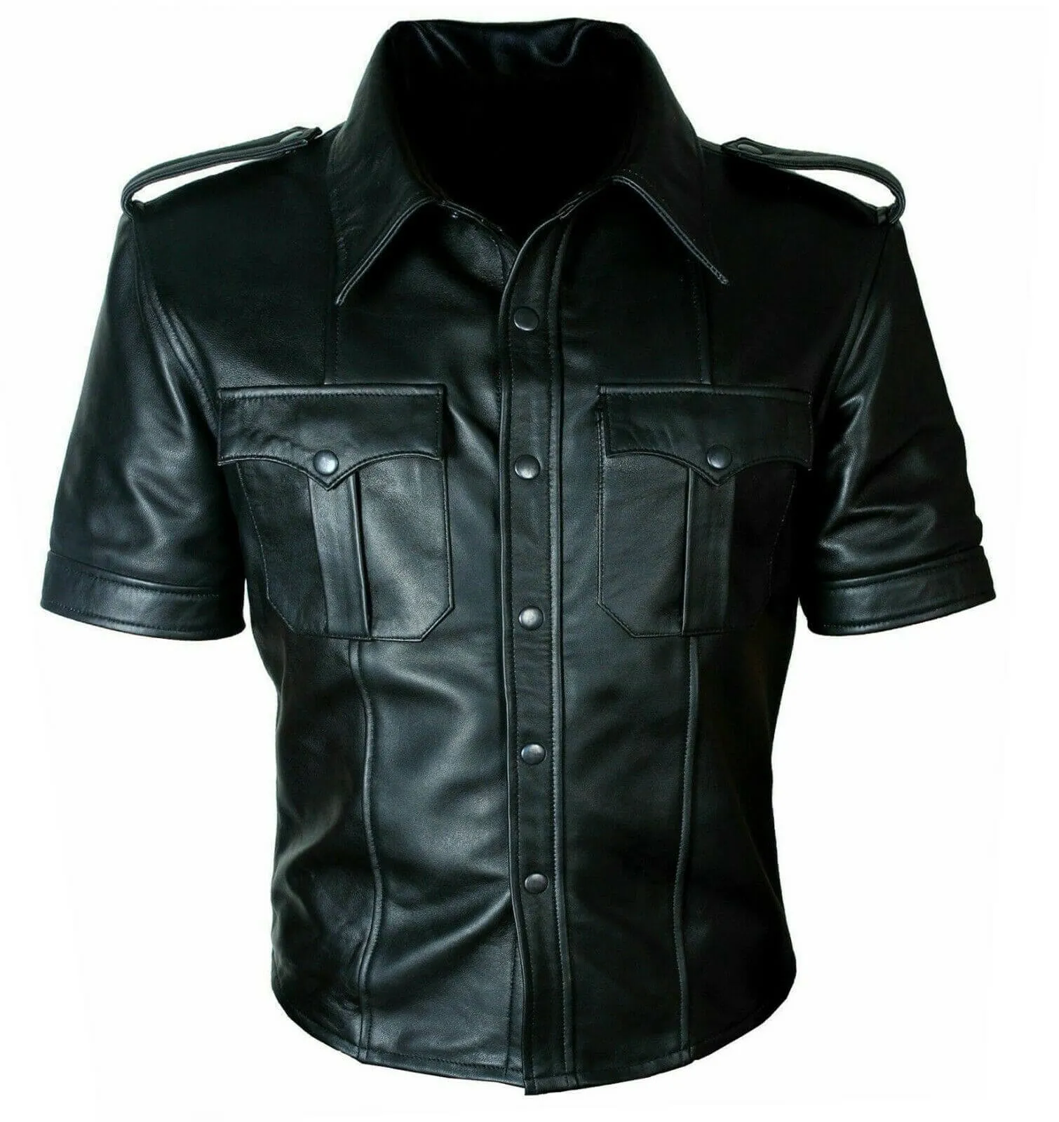 New Men's Real genuine Leather Police Uniform Shirt Sexy Short Sleeve Leather Shirt