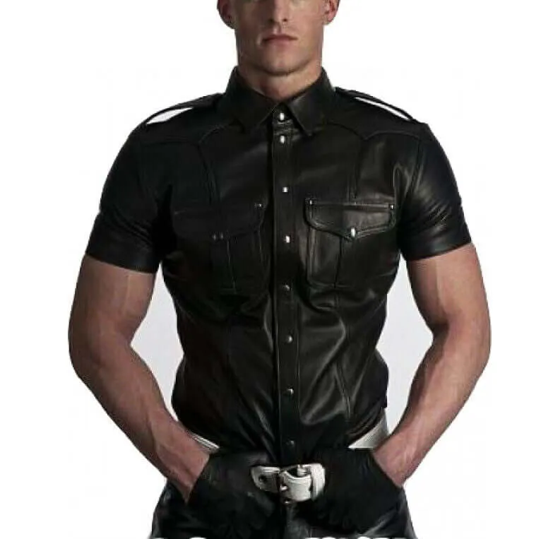 New Men's Real genuine Leather Police Uniform Shirt Sexy Short Sleeve Leather Shirt