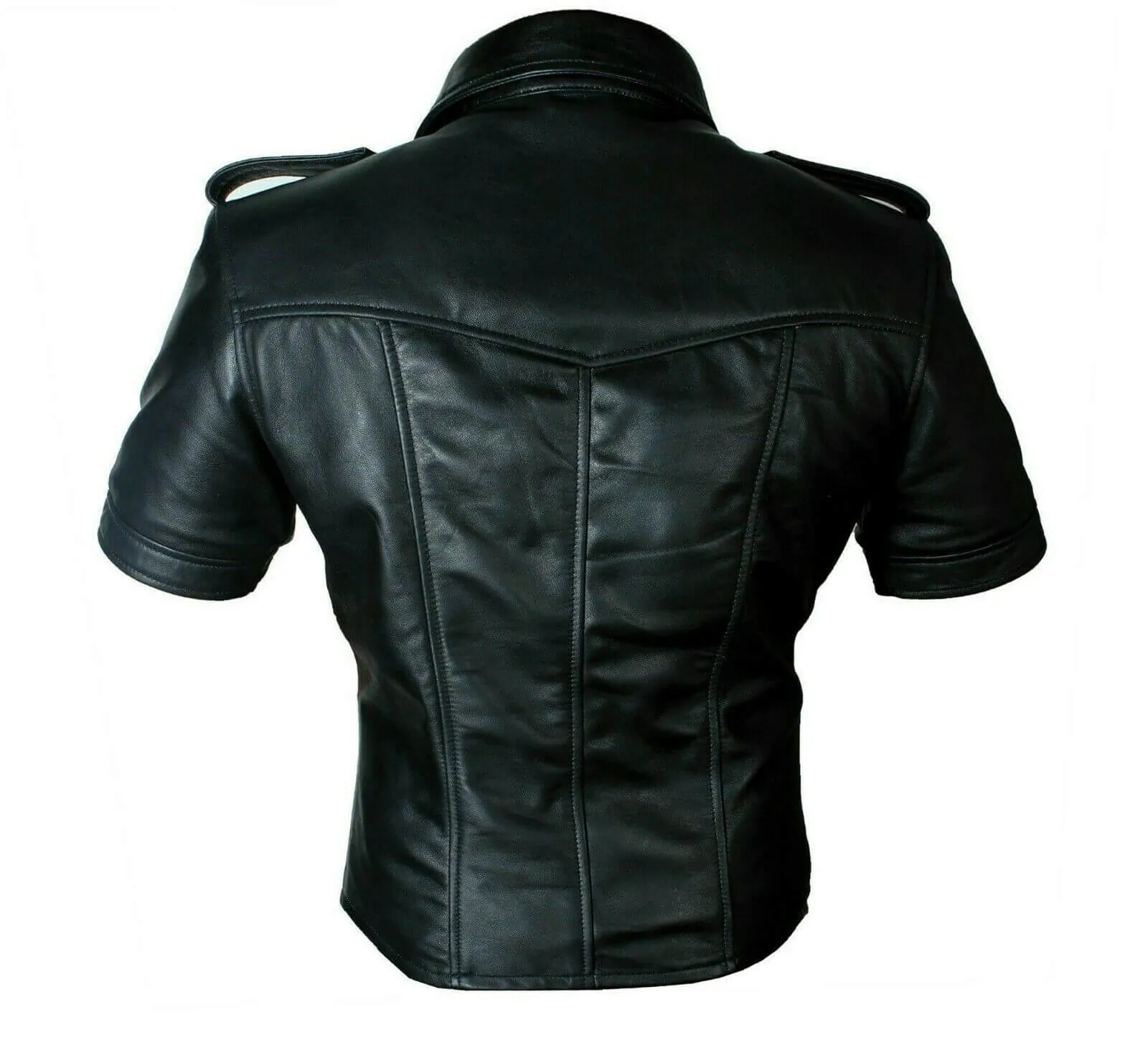 New Men's Real genuine Leather Police Uniform Shirt Sexy Short Sleeve Leather Shirt