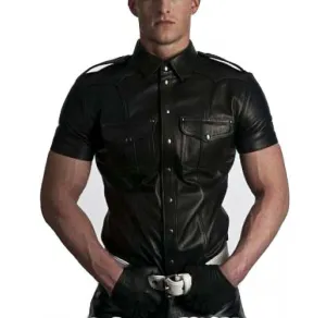 New Men's Real genuine Leather Police Uniform Shirt Sexy Short Sleeve Leather Shirt