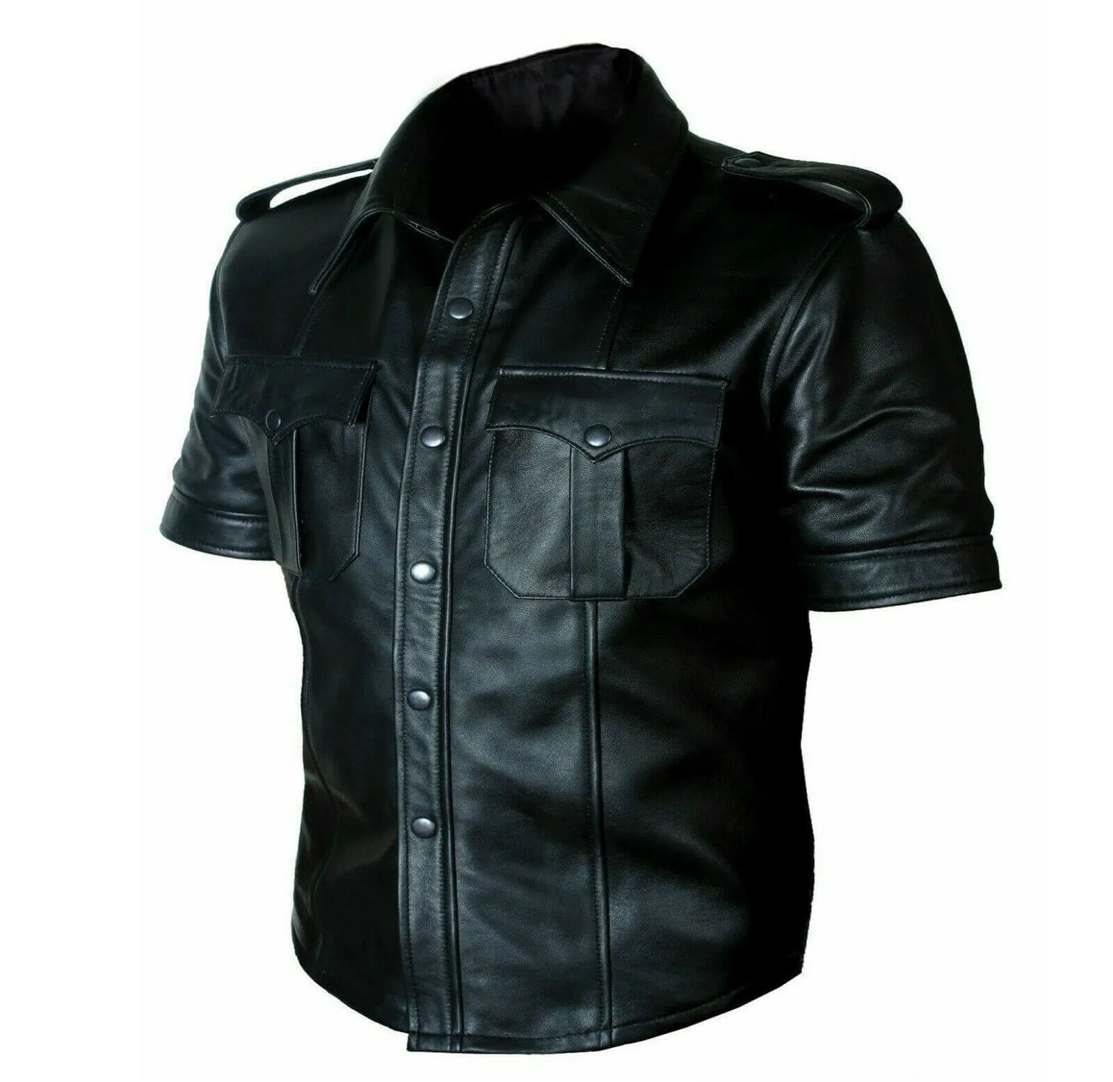 New Men's Real genuine Leather Police Uniform Shirt Sexy Short Sleeve Leather Shirt