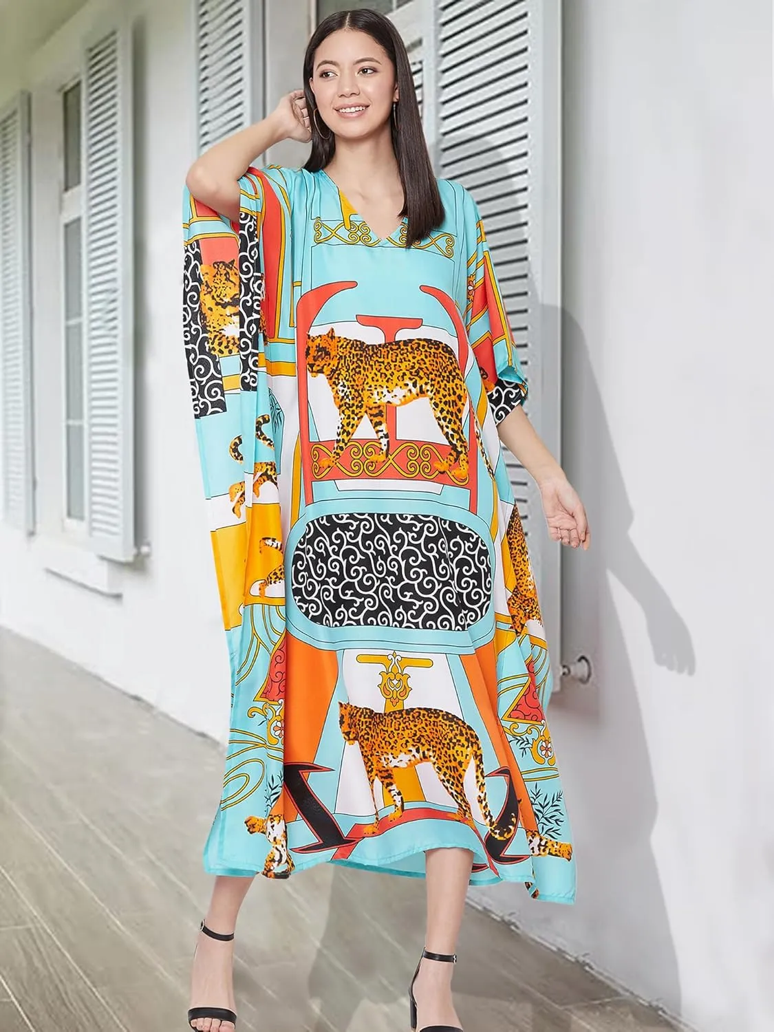 Oussum Women Plus Size Kaftans Kimono Polyester Dresses Loose Caftan Dress Ladies Evening Casual Long Maxi