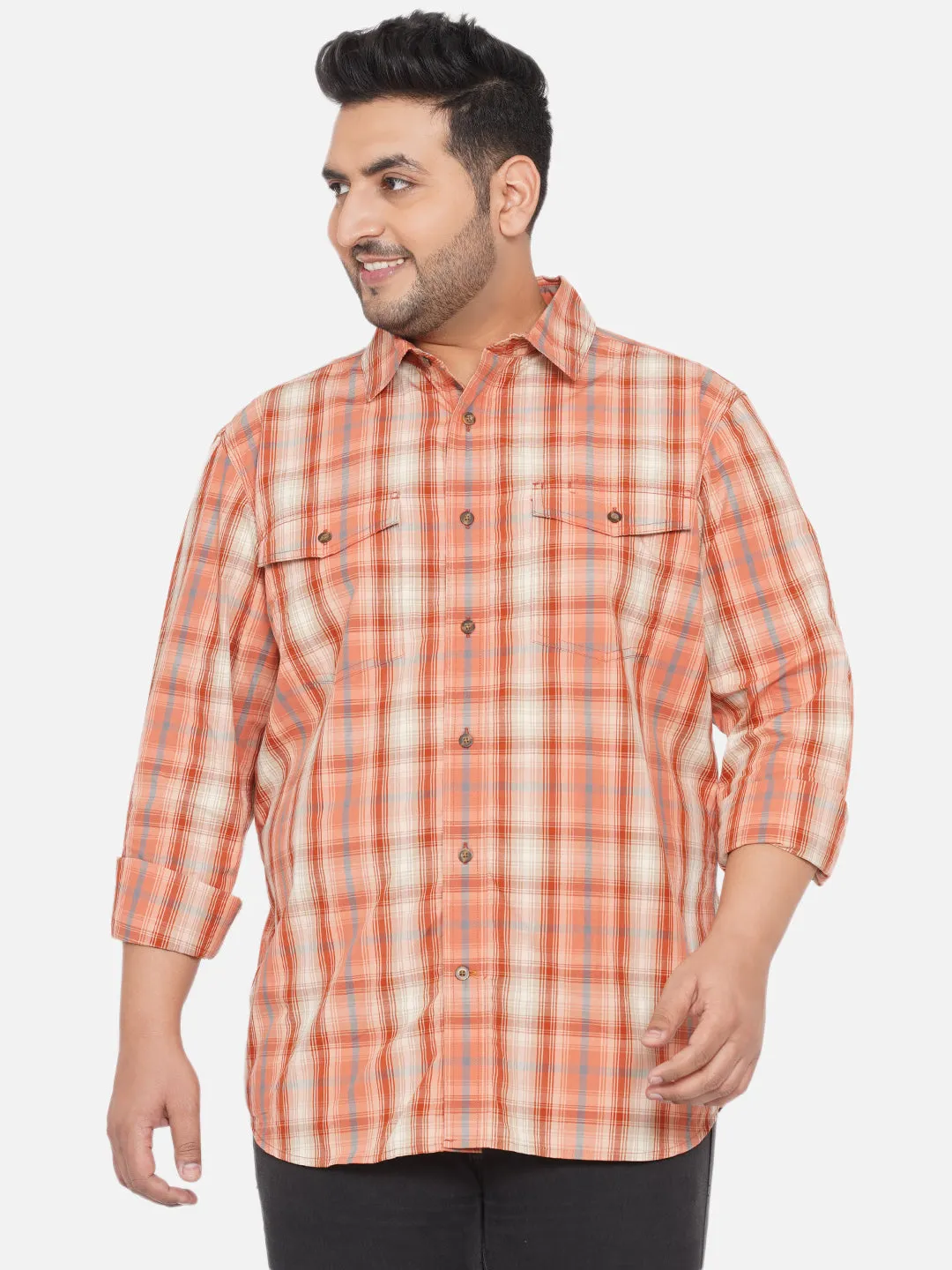 Santonio - Men Plus Size Regular Fit Cotton Orange Checkered Full Sleeves Casual Shirt