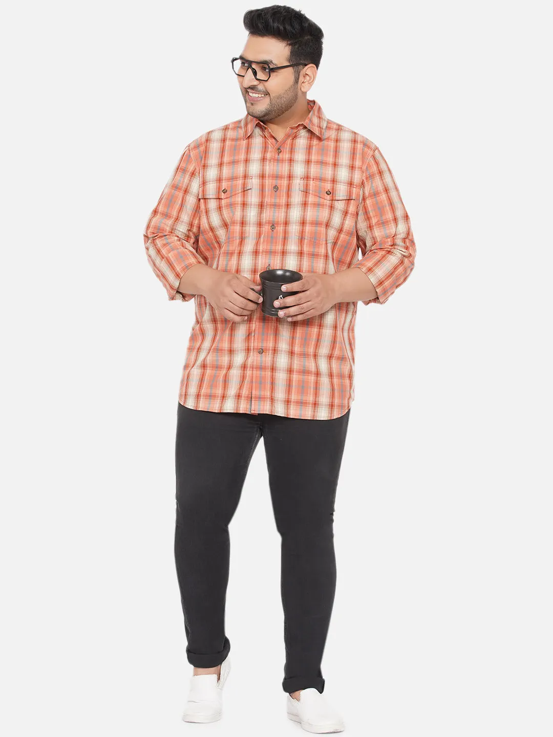 Santonio - Men Plus Size Regular Fit Cotton Orange Checkered Full Sleeves Casual Shirt
