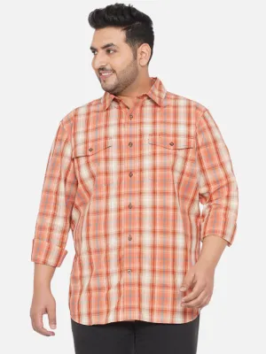 Santonio - Men Plus Size Regular Fit Cotton Orange Checkered Full Sleeves Casual Shirt