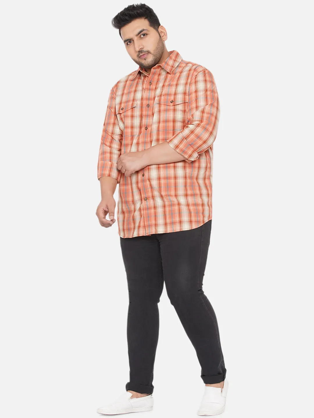 Santonio - Men Plus Size Regular Fit Cotton Orange Checkered Full Sleeves Casual Shirt