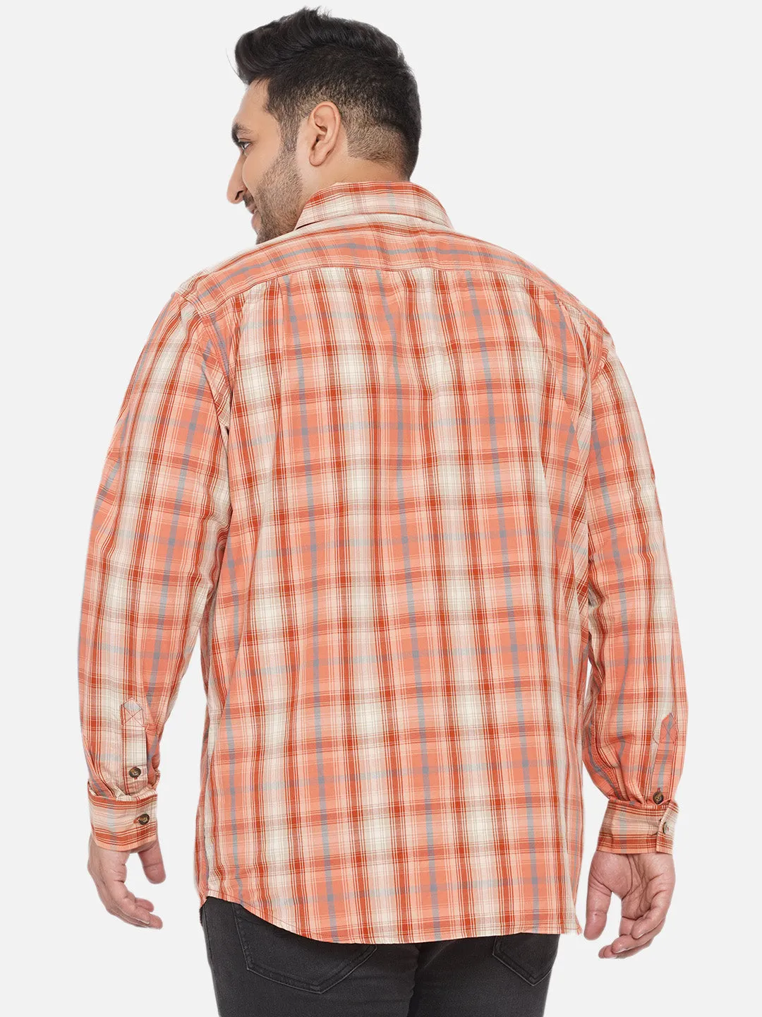 Santonio - Men Plus Size Regular Fit Cotton Orange Checkered Full Sleeves Casual Shirt