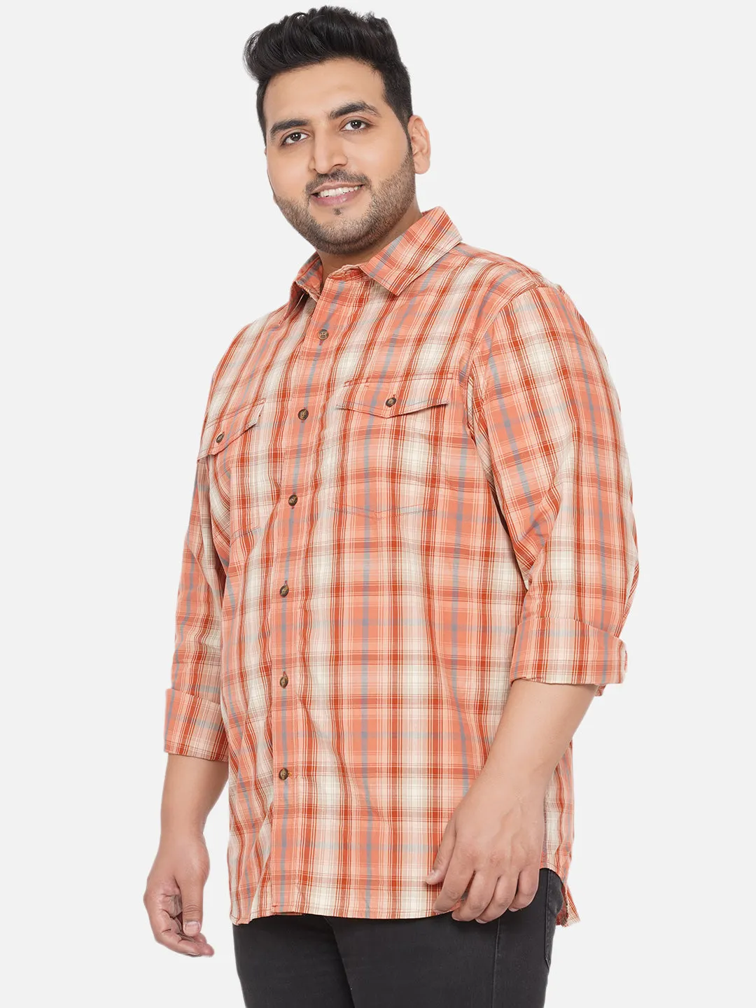 Santonio - Men Plus Size Regular Fit Cotton Orange Checkered Full Sleeves Casual Shirt