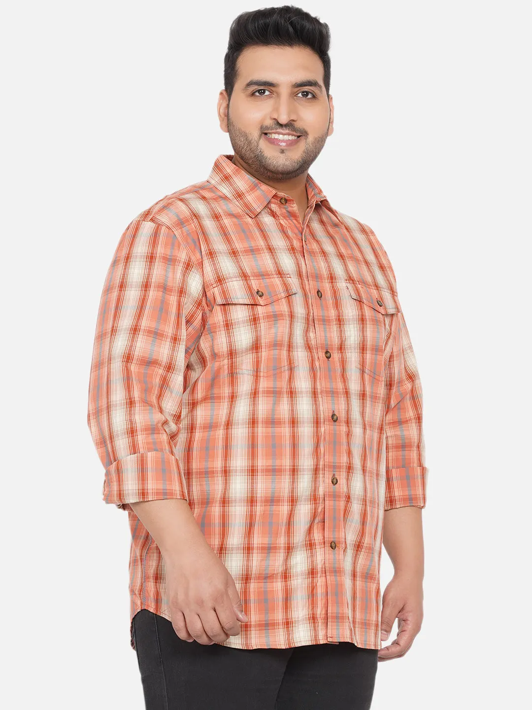 Santonio - Men Plus Size Regular Fit Cotton Orange Checkered Full Sleeves Casual Shirt