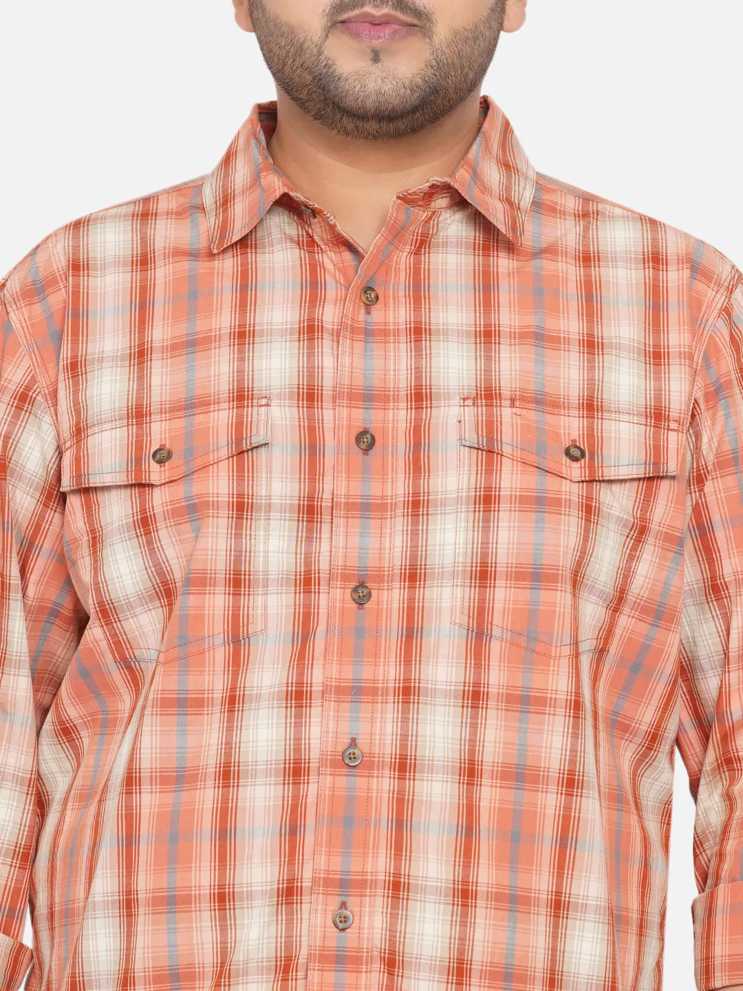 Santonio - Men Plus Size Regular Fit Cotton Orange Checkered Full Sleeves Casual Shirt