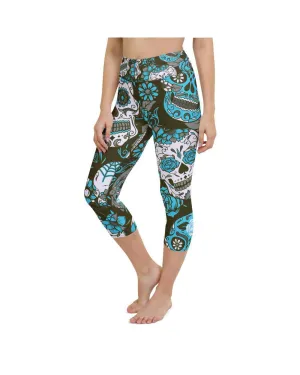 Sky Blue Sugar Skull Yoga Capris