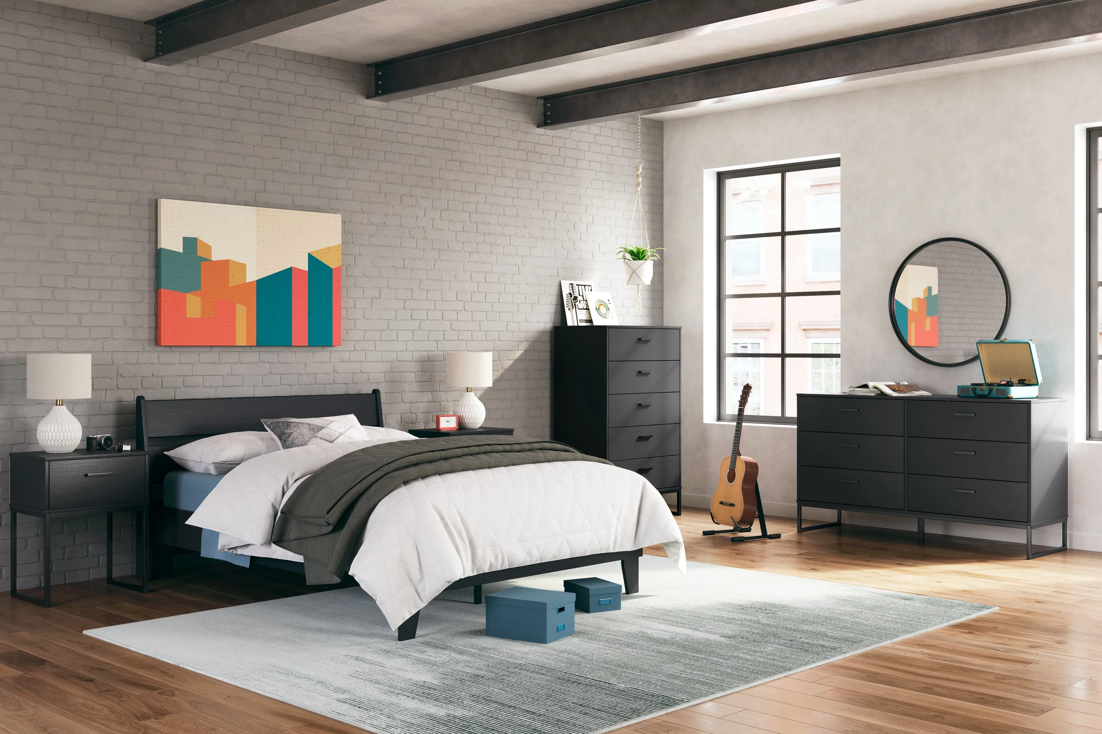 Socalle Full Panel Platform Bed with Dresser, Chest and 2 Nightstands in Black