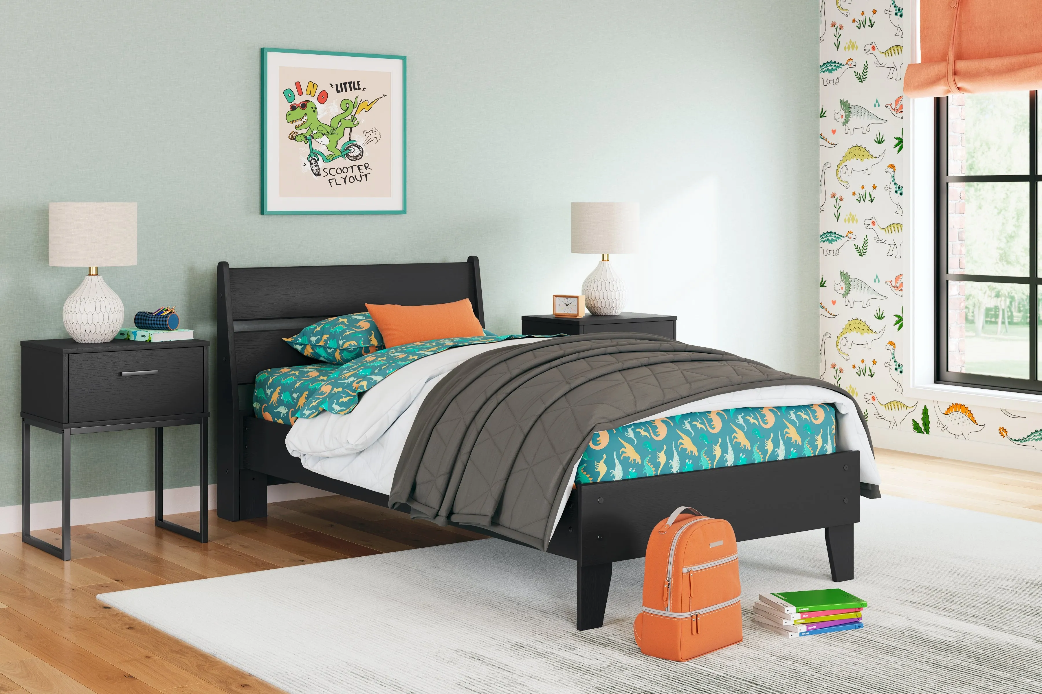 Socalle Twin Platform Bed with Dresser, Chest and Nightstand in Black