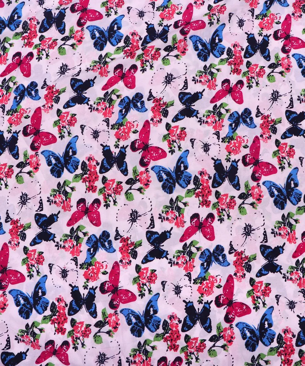 White Butterfly Pattern Crepe Fabric