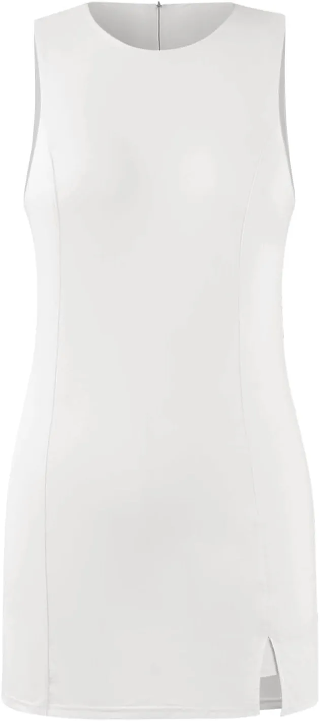 Women Tennis Dress Crew Neck Sleeveless Athletic Dresses with Built in Shorts Side Slit Workout Dresses with Pockets